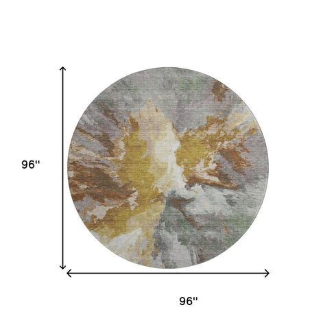 8' Gold Ivory And Gray Abstract Washable Round Rug With UV Protection