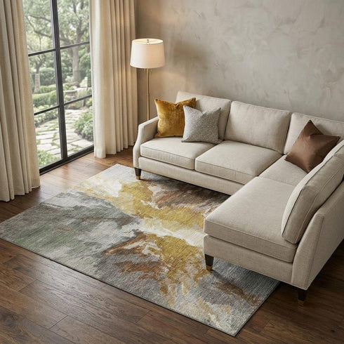 9' X 12' Gold Ivory And Gray Abstract Washable Area Rug With UV Protection