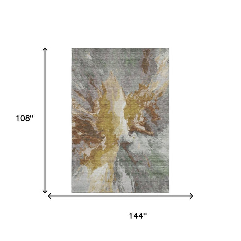 9' X 12' Gold Ivory And Gray Abstract Washable Area Rug With UV Protection