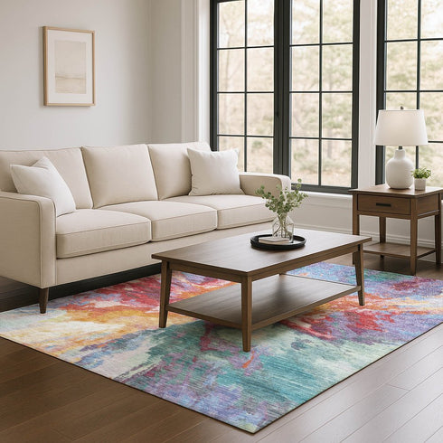 9' X 12' Orange Red And Teal Abstract Washable Area Rug With UV Protection
