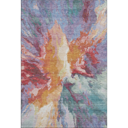 9' X 12' Orange Red And Teal Abstract Washable Area Rug With UV Protection