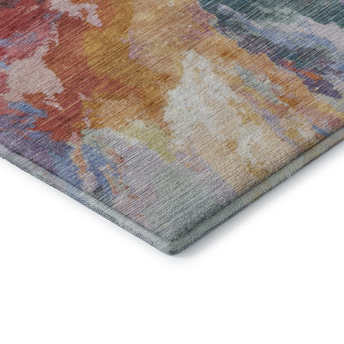 9' X 12' Orange Red And Teal Abstract Washable Area Rug With UV Protection