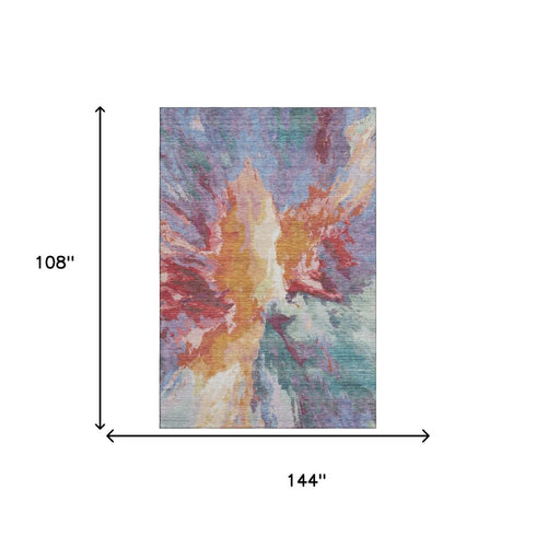 9' X 12' Orange Red And Teal Abstract Washable Area Rug With UV Protection