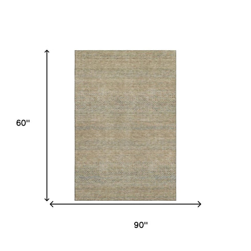 5' X 8' Beige Gray And Khaki Striped Washable Area Rug With UV Protection