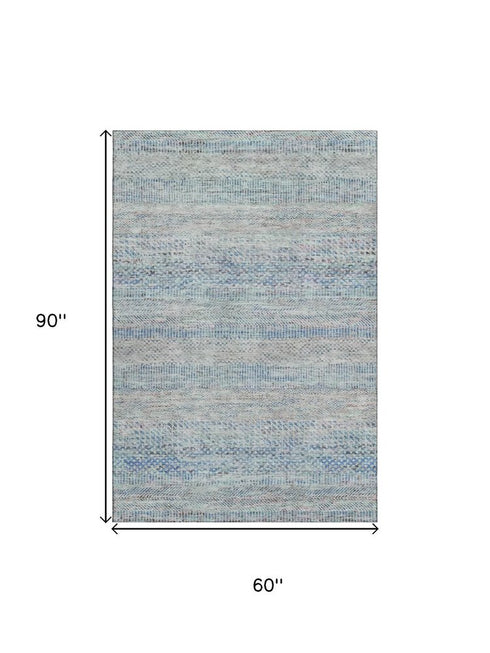 5' X 8' Blue Gray And Ivory Striped Washable Area Rug With UV Protection