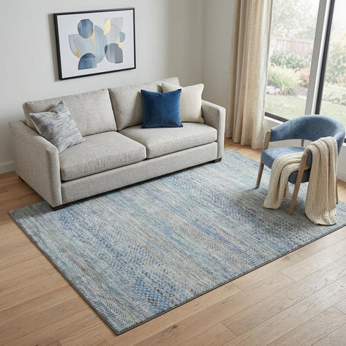 5' X 8' Blue Gray And Ivory Striped Washable Area Rug With UV Protection