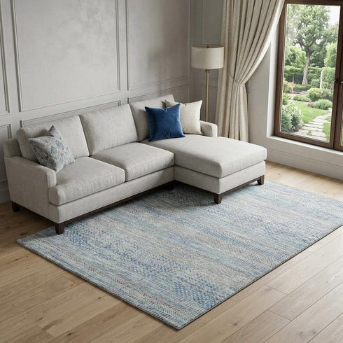 9' X 12' Blue Gray And Ivory Striped Washable Area Rug With UV Protection