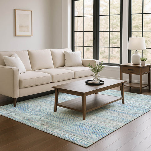9' X 12' Blue Gray And Ivory Striped Washable Area Rug With UV Protection