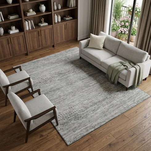 8' X 10' Gray Charcoal And Silver Striped Washable Area Rug With UV Protection
