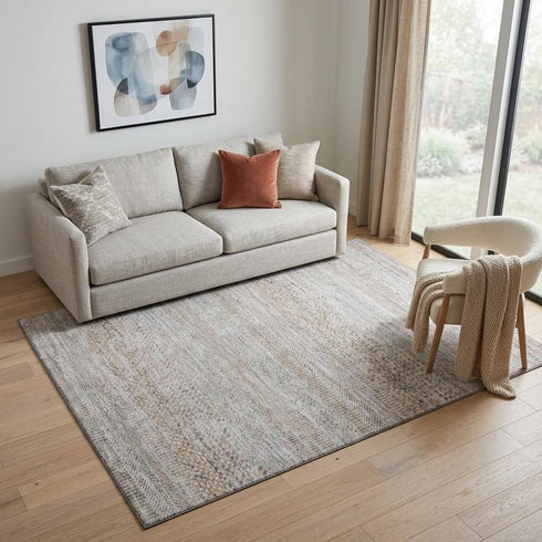 5' X 8' Linen Gray And Taupe Striped Washable Area Rug With UV Protection