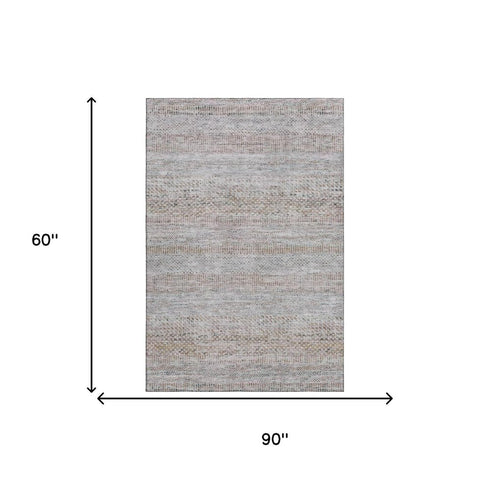 5' X 8' Linen Gray And Taupe Striped Washable Area Rug With UV Protection