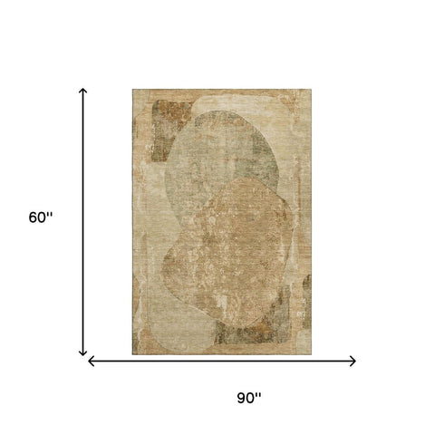 5' X 8' Brown And Beige Abstract Washable Area Rug With UV Protection