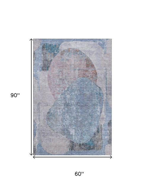 5' X 8' Blue Gray And Charcoal Abstract Washable Area Rug With UV Protection