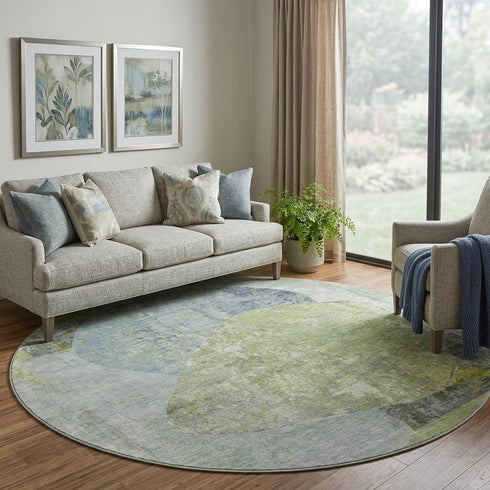 8' Green Purple And Silver Abstract Washable Round Rug With UV Protection