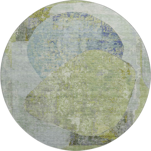 8' Green Purple And Silver Abstract Washable Round Rug With UV Protection
