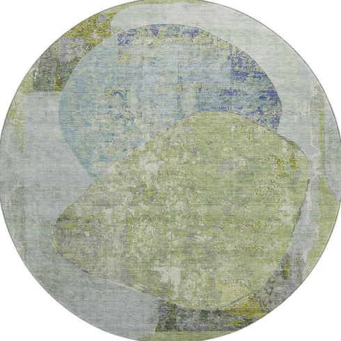 8' Green Purple And Silver Abstract Washable Round Rug With UV Protection