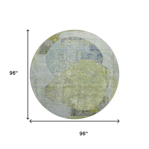 8' Green Purple And Silver Abstract Washable Round Rug With UV Protection