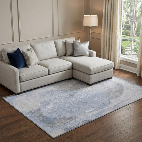 8' X 10' Sky Blue Gray And Silver Abstract Washable Area Rug With UV Protection