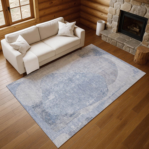 8' X 10' Sky Blue Gray And Silver Abstract Washable Area Rug With UV Protection