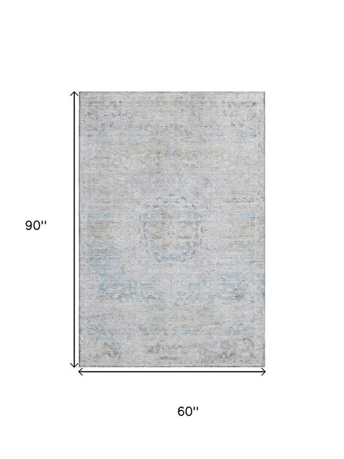 5' X 8' Beige Blue And Gray Floral Medallion Washable Area Rug With UV Protection