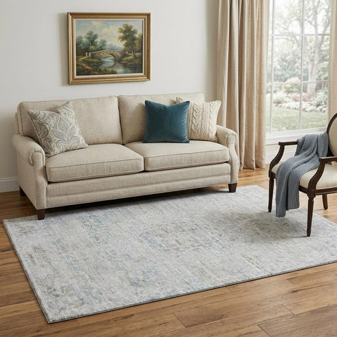 5' X 8' Beige Blue And Gray Floral Medallion Washable Area Rug With UV Protection