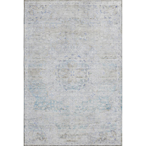 5' X 8' Beige Blue And Gray Floral Medallion Washable Area Rug With UV Protection