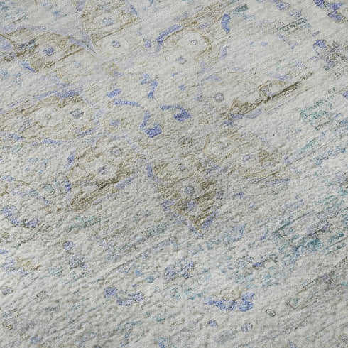 5' X 8' Beige Blue And Gray Floral Medallion Washable Area Rug With UV Protection
