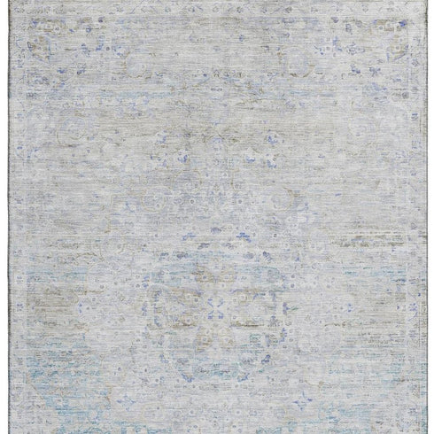 5' X 8' Beige Blue And Gray Floral Medallion Washable Area Rug With UV Protection
