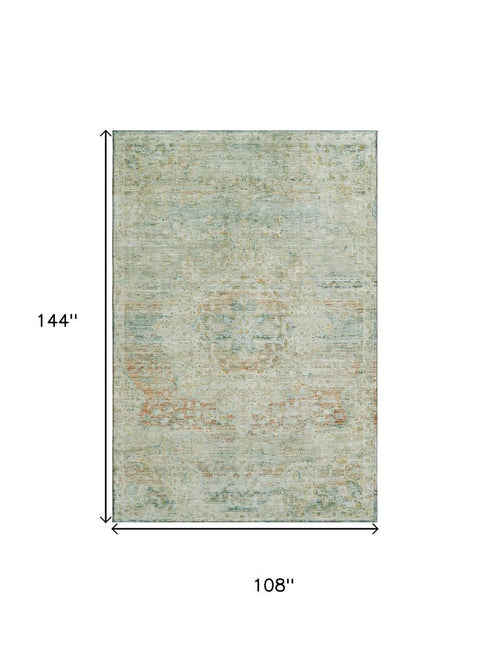 9' X 12' Sage Blue And Copper Floral Medallion Washable Area Rug With UV Protection