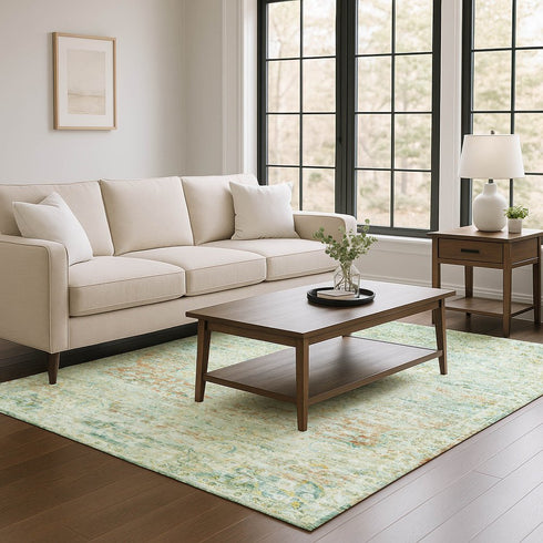 9' X 12' Sage Blue And Copper Floral Medallion Washable Area Rug With UV Protection