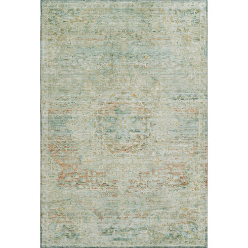 9' X 12' Sage Blue And Copper Floral Medallion Washable Area Rug With UV Protection