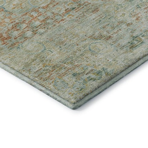 9' X 12' Sage Blue And Copper Floral Medallion Washable Area Rug With UV Protection