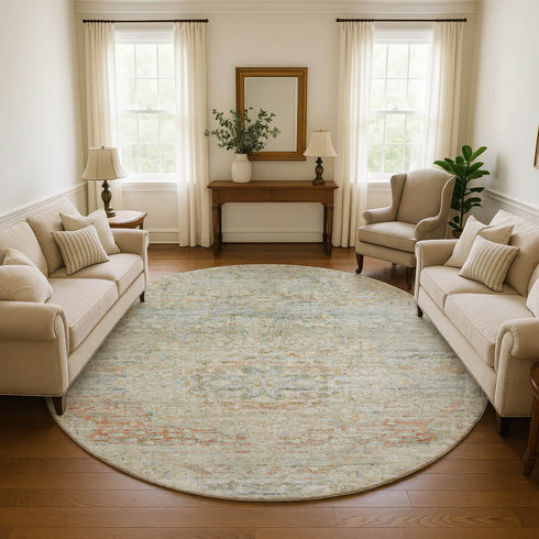 8' Tan Beige And Teal Floral Medallion Washable Round Rug With UV Protection
