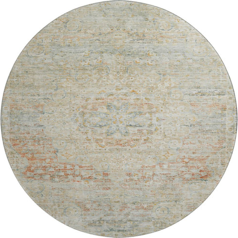 8' Tan Beige And Teal Floral Medallion Washable Round Rug With UV Protection