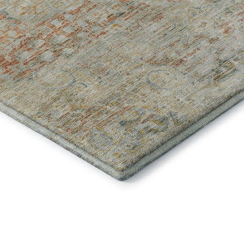 8' Tan Beige And Teal Floral Medallion Washable Round Rug With UV Protection