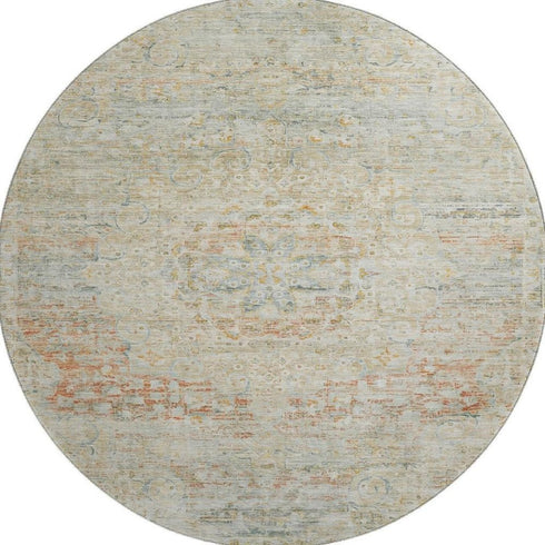 8' Tan Beige And Teal Floral Medallion Washable Round Rug With UV Protection
