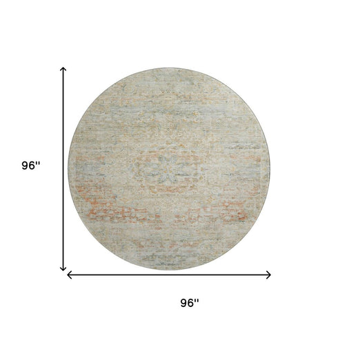8' Tan Beige And Teal Floral Medallion Washable Round Rug With UV Protection