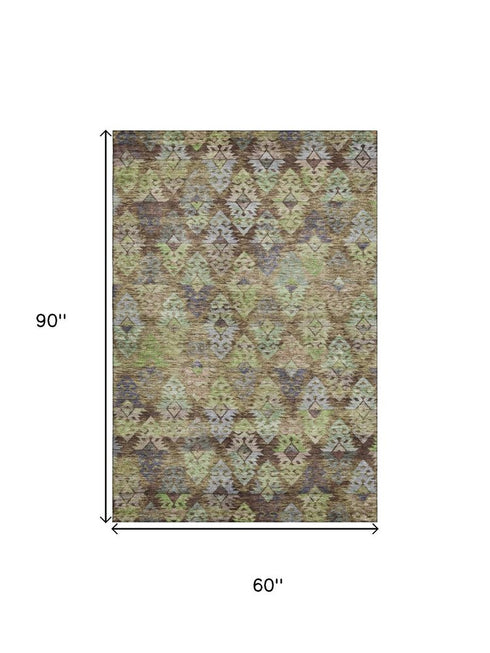 5' X 8' Brown Green And Gray Ikat Washable Area Rug With UV Protection