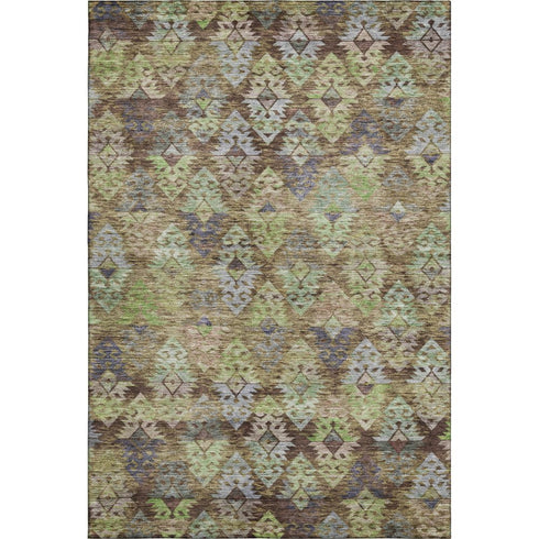 5' X 8' Brown Green And Gray Ikat Washable Area Rug With UV Protection