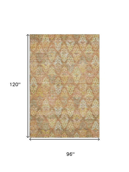 8' X 10' Copper Gold And Beige Ikat Washable Area Rug With UV Protection