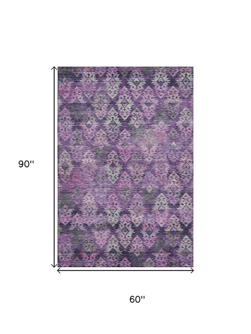 5' X 8' Eggplant Lavender And Gray Ikat Washable Area Rug With UV Protection