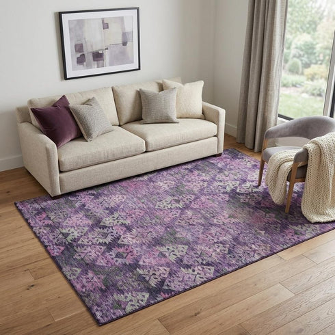 5' X 8' Eggplant Lavender And Gray Ikat Washable Area Rug With UV Protection