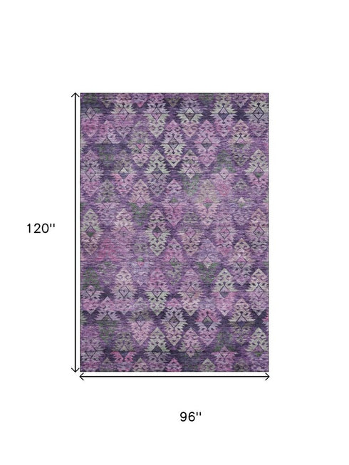 8' X 10' Eggplant Lavender And Gray Ikat Washable Area Rug With UV Protection