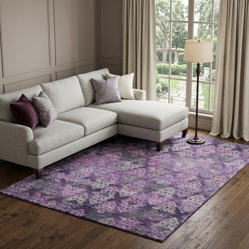 8' X 10' Eggplant Lavender And Gray Ikat Washable Area Rug With UV Protection
