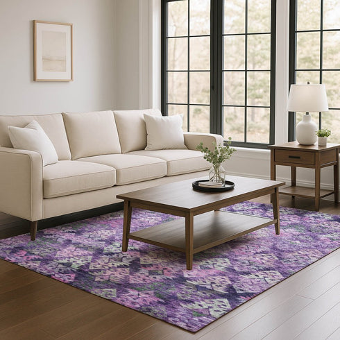8' X 10' Eggplant Lavender And Gray Ikat Washable Area Rug With UV Protection