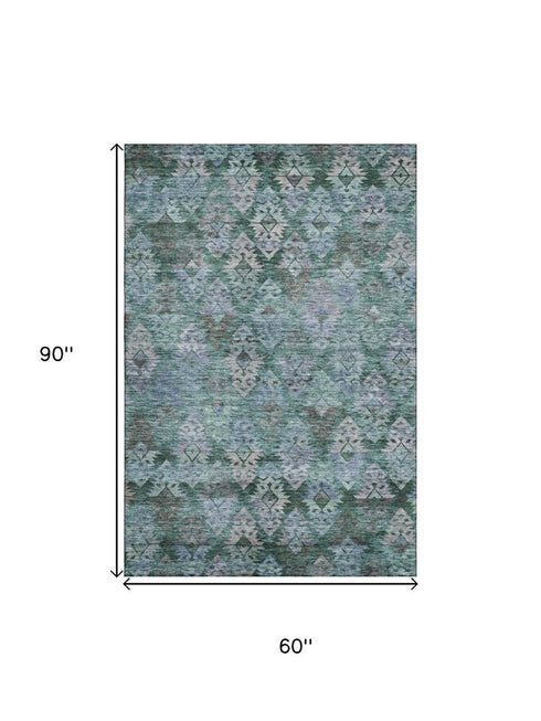 5' X 8' Emerald Teal And Gray Ikat Washable Area Rug With UV Protection