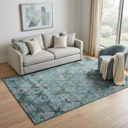 5' X 8' Emerald Teal And Gray Ikat Washable Area Rug With UV Protection