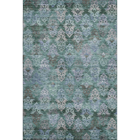5' X 8' Emerald Teal And Gray Ikat Washable Area Rug With UV Protection
