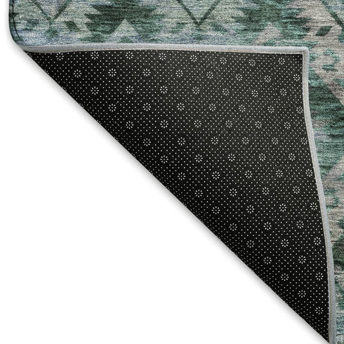 5' X 8' Emerald Teal And Gray Ikat Washable Area Rug With UV Protection