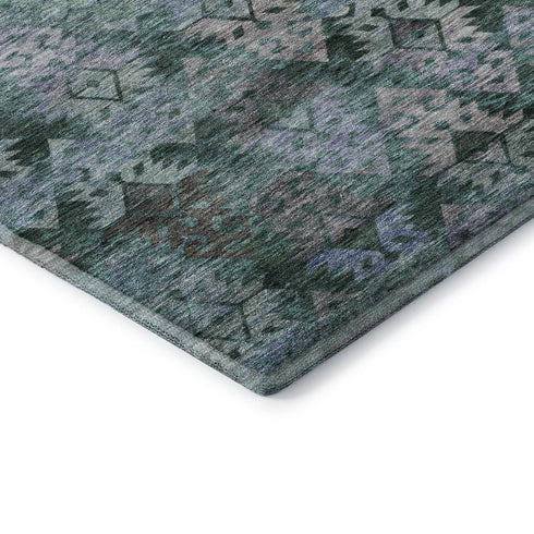 5' X 8' Emerald Teal And Gray Ikat Washable Area Rug With UV Protection